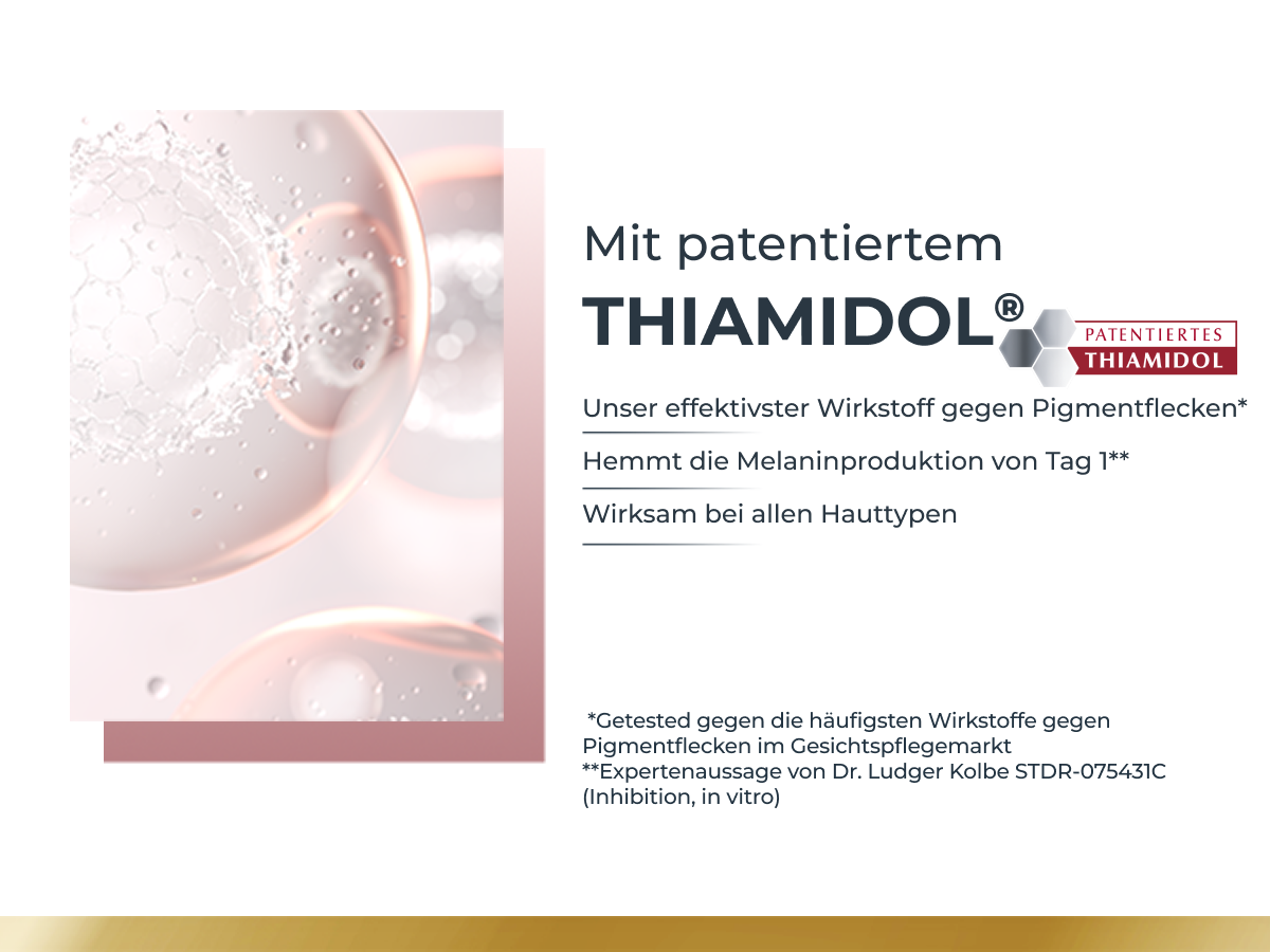Nahaufnahme von drei runden Objekten. Text: Thiamidol® reduziert Pigmentflecken.